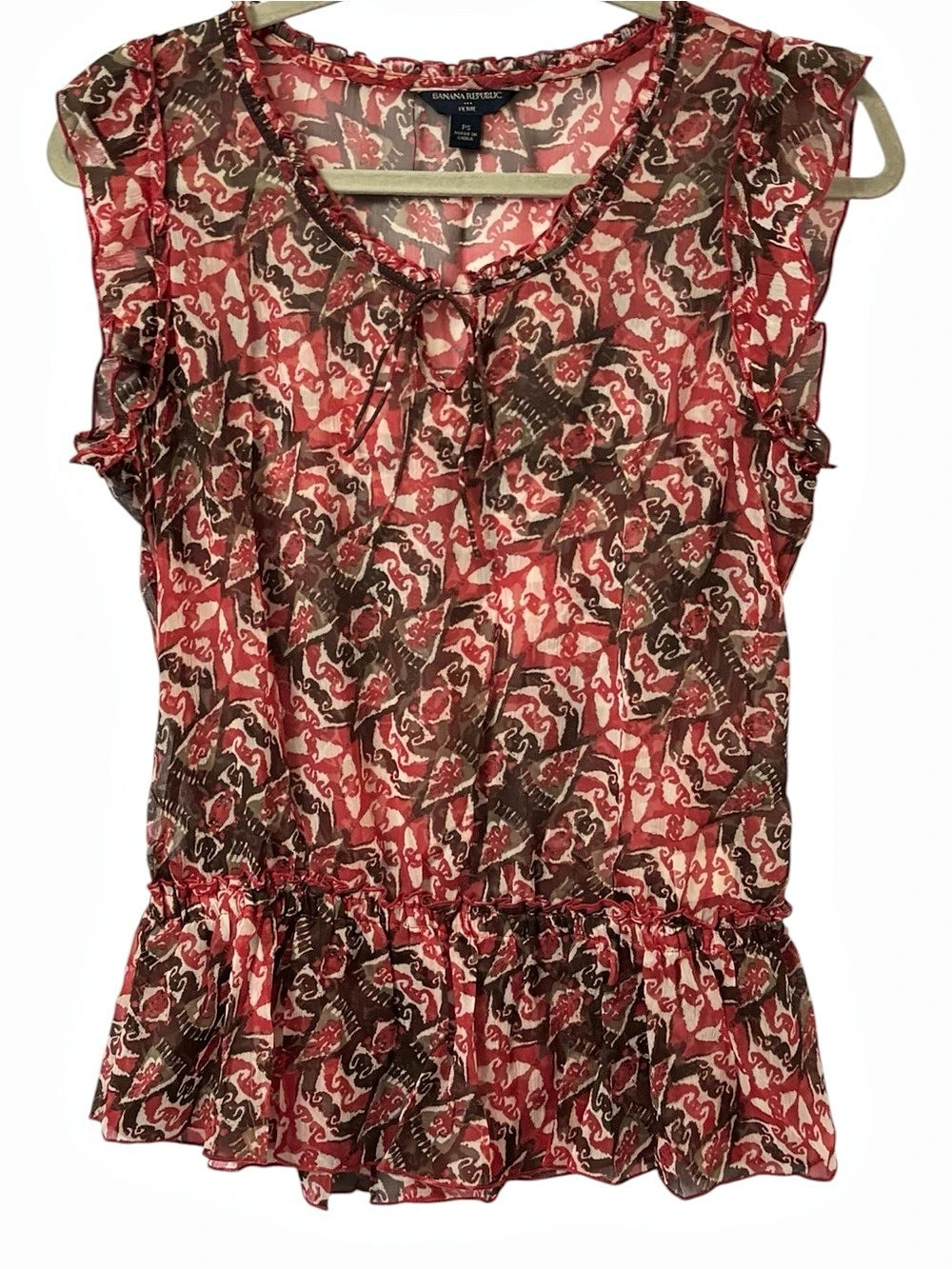 Banana Republic Boho Sleeveless Ruffle Sheer Blouse Cinched Waist Keyhole Sz PS